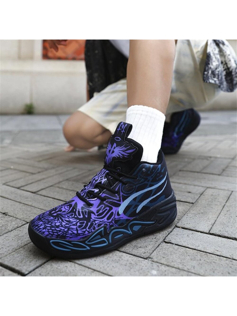 Men's Black Purple Breathable High Top Lace Up Mesh Sneakers Basketball Shoes